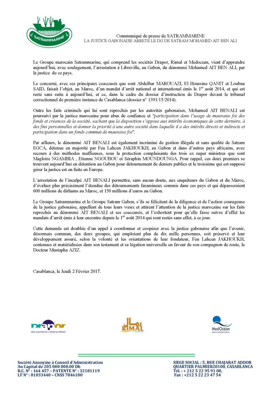 Communiqué de presse du Groupe Maroco-Gabonais SATRAME MARINE