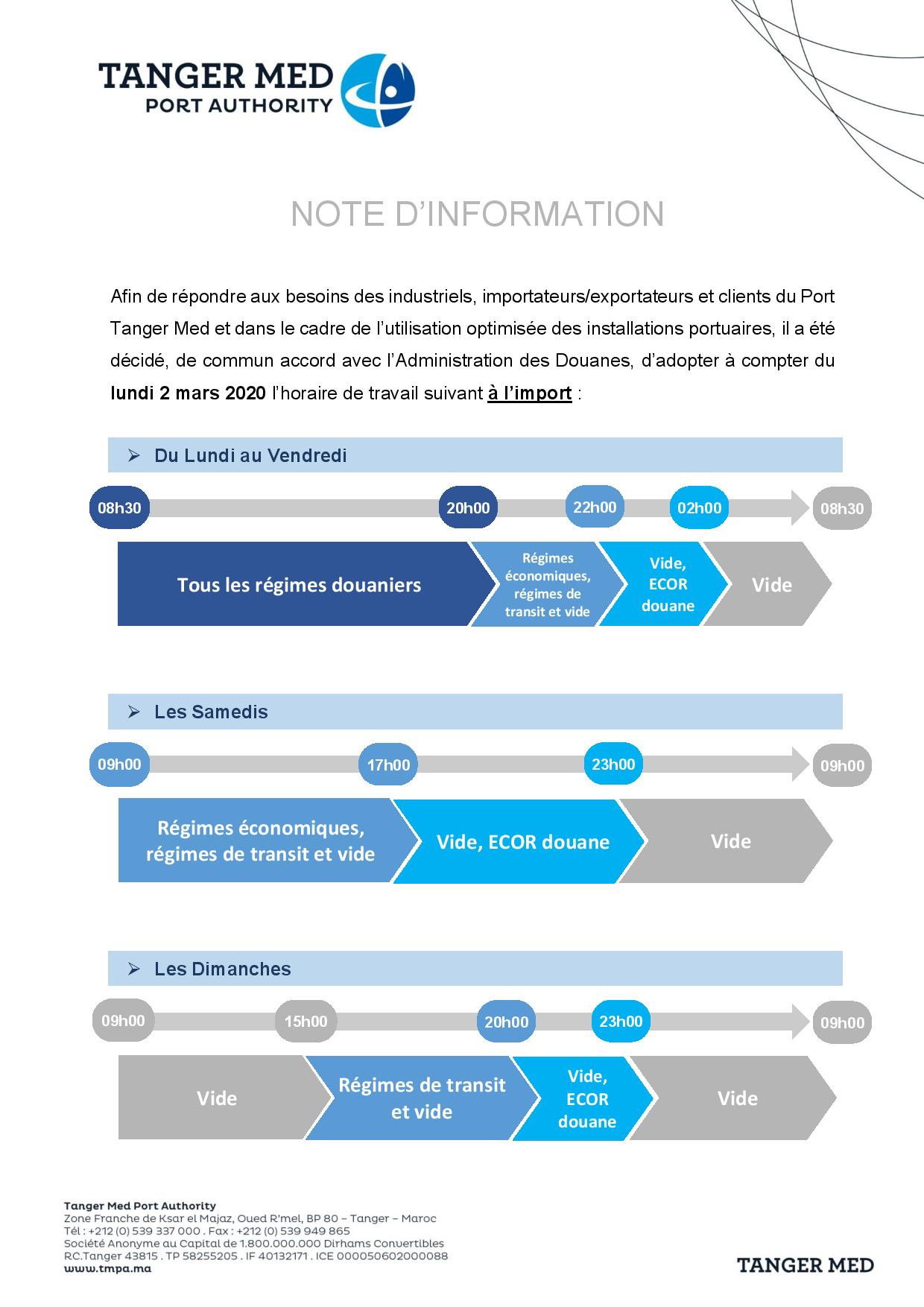 Nouveaux horaires de travail des Douanes de Tanger Med à l'import