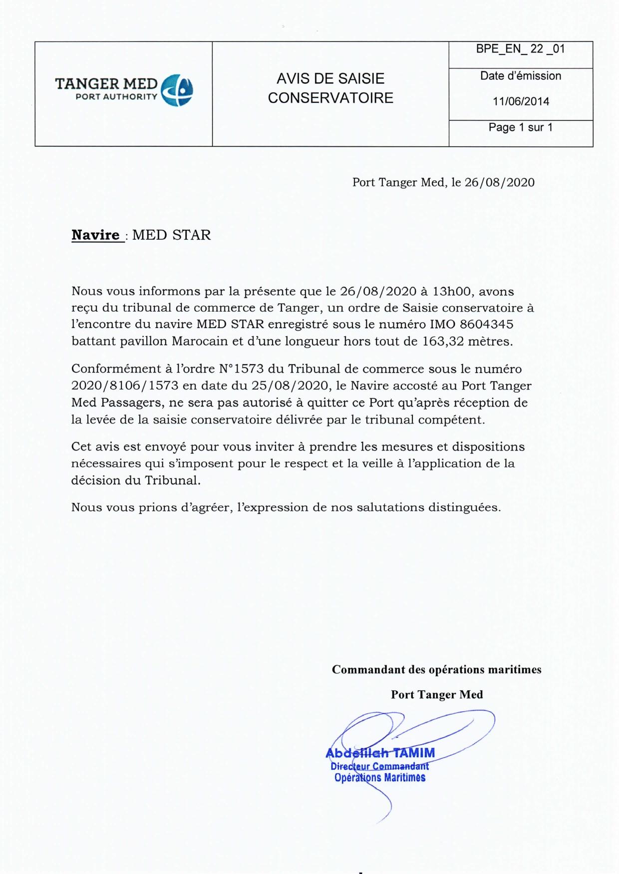 Un jugement du tribunal de commerce de Tanger ordonne la saisie conservatoire du navire Med Star
