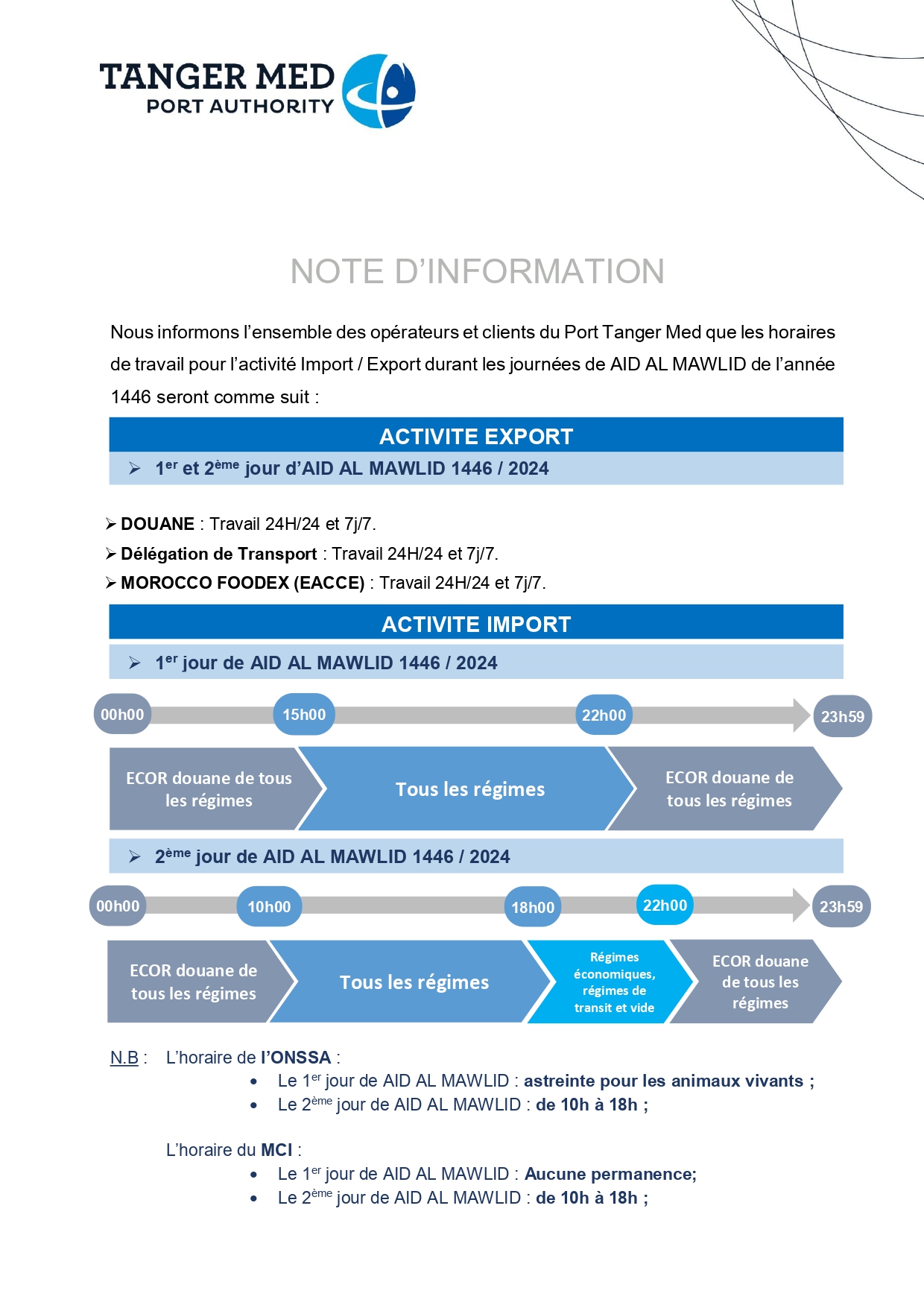 NOTE DINFORMATION : Horaires de travail des jours de AID AL MAWLID AL NABAOUI 1446 au Tanger Med Port Authority 