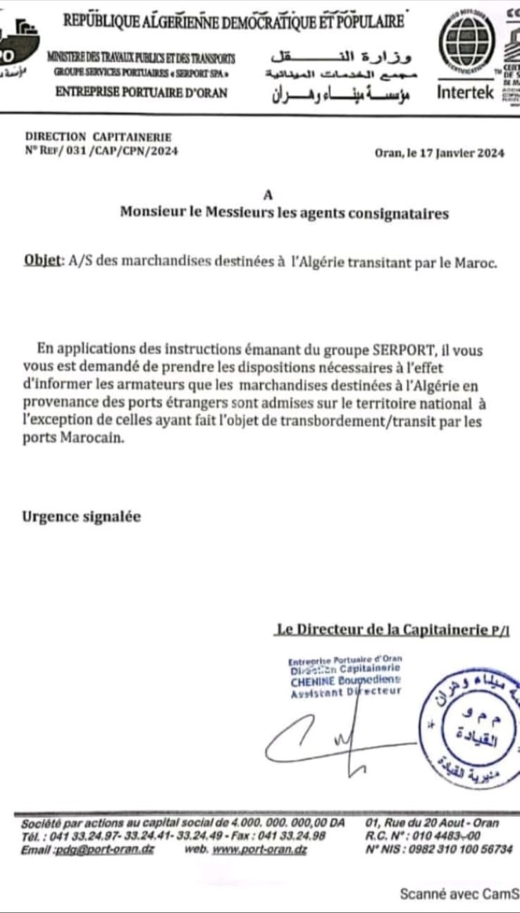 Les autorités portuaires algériennes instruisent les agents maritimes consignataires au sujet des transbordements via les ports marocains 