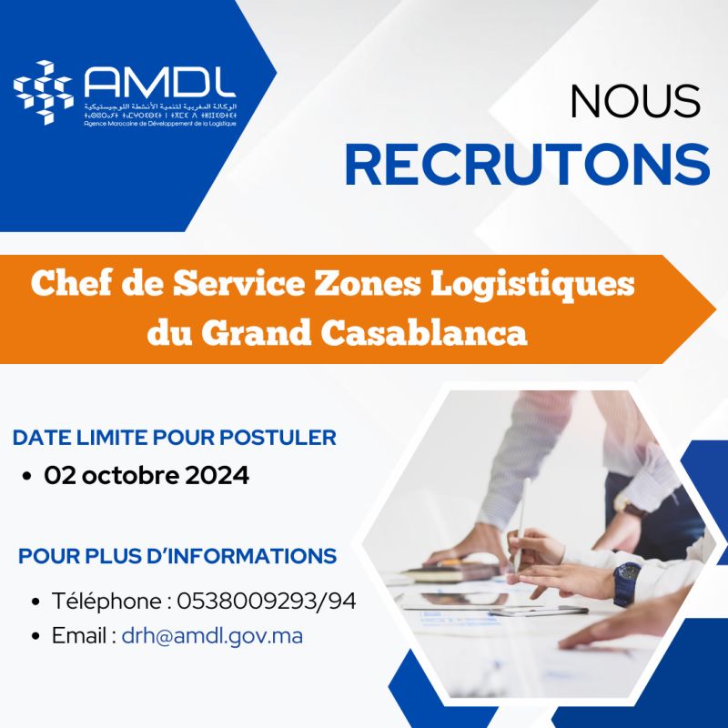 AMDL (Agence Marocaine de Développement de la Logistique) Recrute un Chef de Service Zones Logistiques à Casablanca