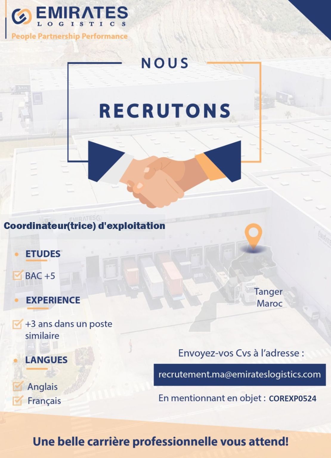 EMIRATES LOGISTICS MOROCCO Recrute un(e) Coordinateur(trice) d’exploitation