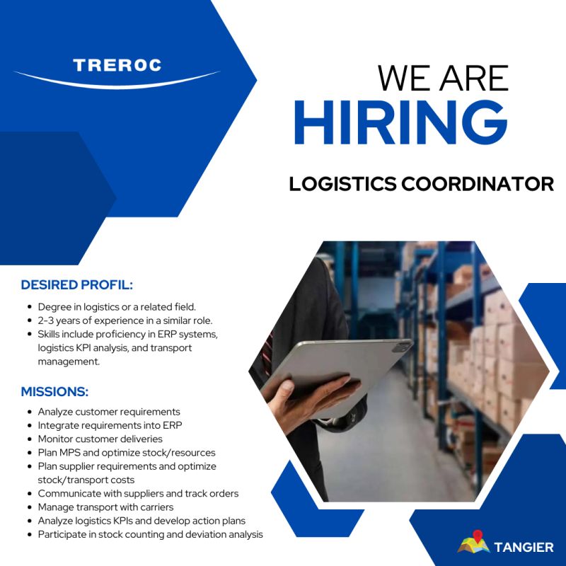 Opportunité excitante :  TREROC recrute un(e) coordonnateur(trice) logistique à Tanger