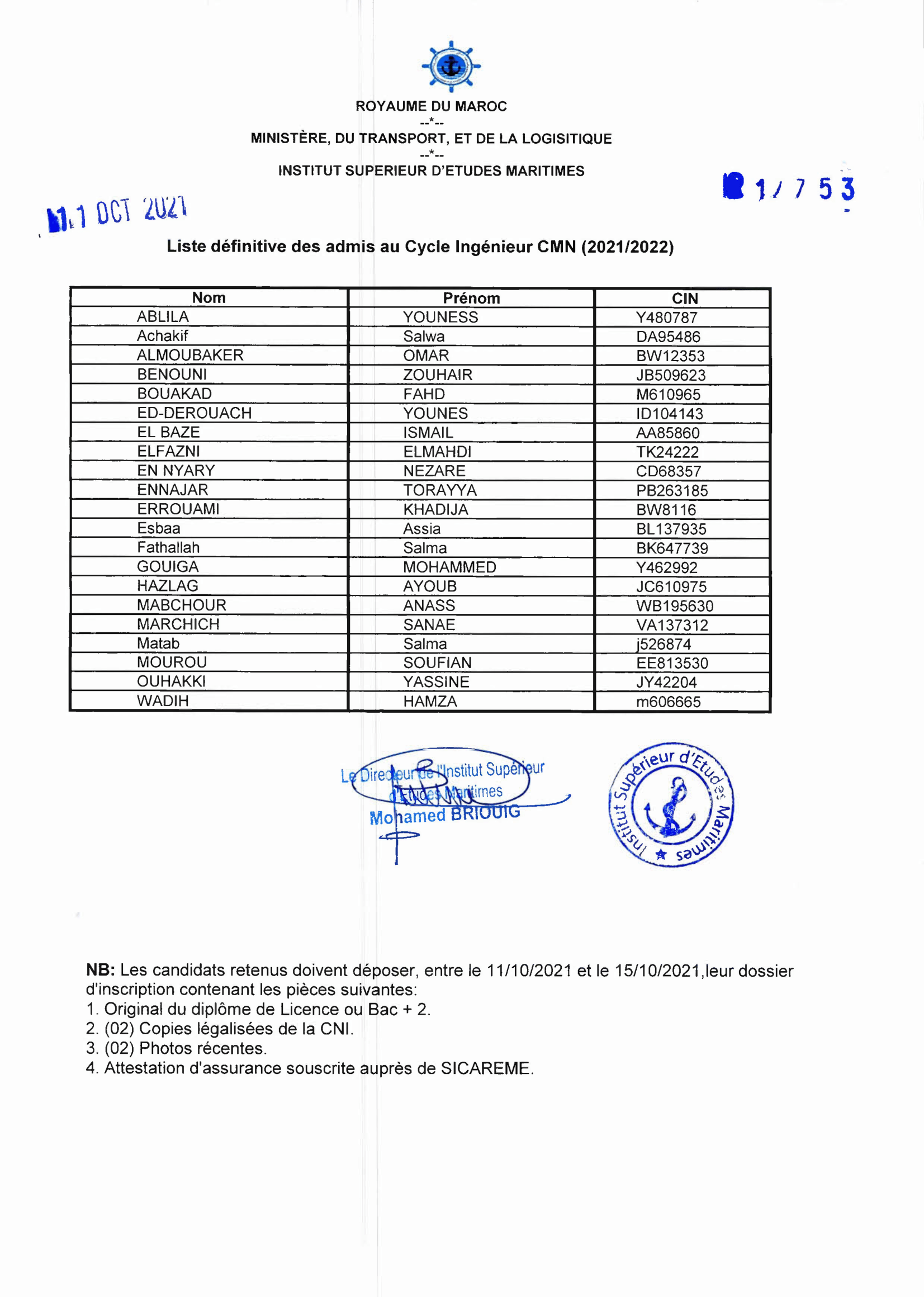 Liste définitive des admis au Cycle Ingénieur CMN (2021/2022)